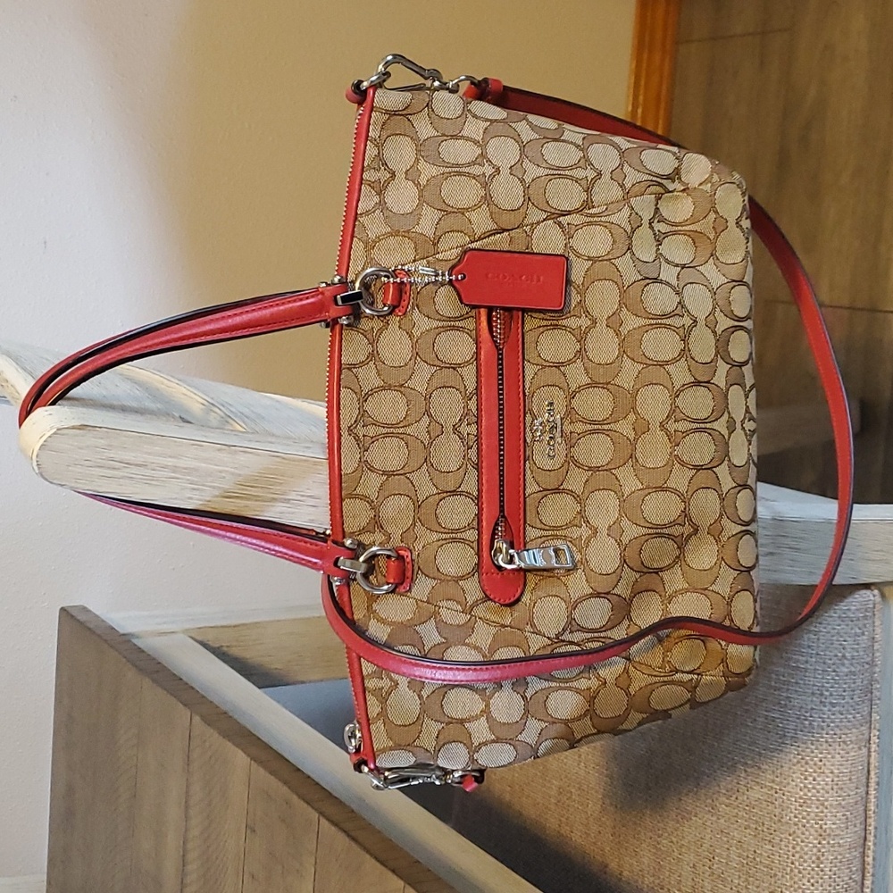 Coach Prairie Satchel Khaki Signature Jacquard with Red Trim